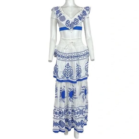 Crop Top and Maxi Skirt Two Piece Set White/Blue